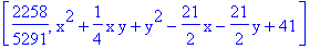 [2258/5291, x^2+1/4*x*y+y^2-21/2*x-21/2*y+41]